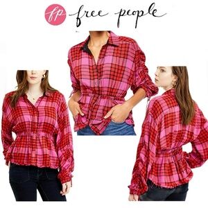 Free People Plaid Button-Down Top – Pink/Red/Black, Size Medium